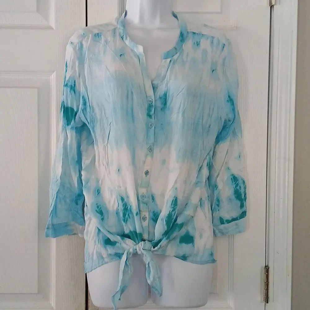 Grand & Greene baby blue teal and white tie dye front tie blouse Sz XL NWOT